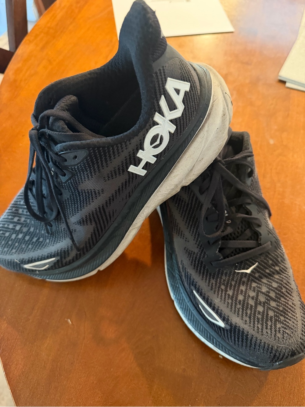 Hoka Men's Clifton 9 Black and White Athletic Running Shoes